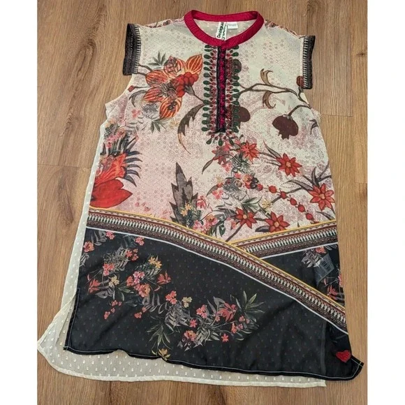 Desigual Sheer Floral Boho Tunic Top Sleeveless Size XL Artsy Eclectic Indie - Picture 2 of 6